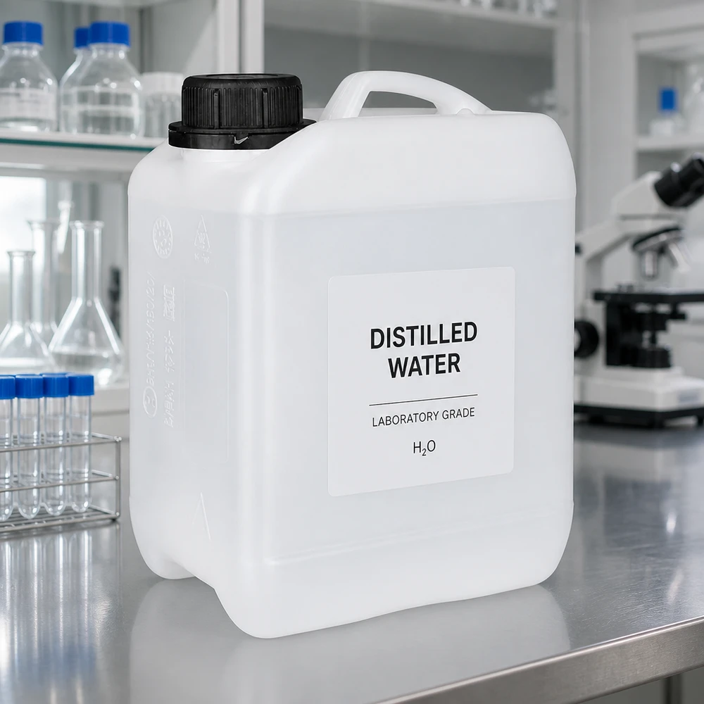 Laboratoriebeholder på 2,5 liter, hvid HDPE med sort OV-lukning til destilleret vand