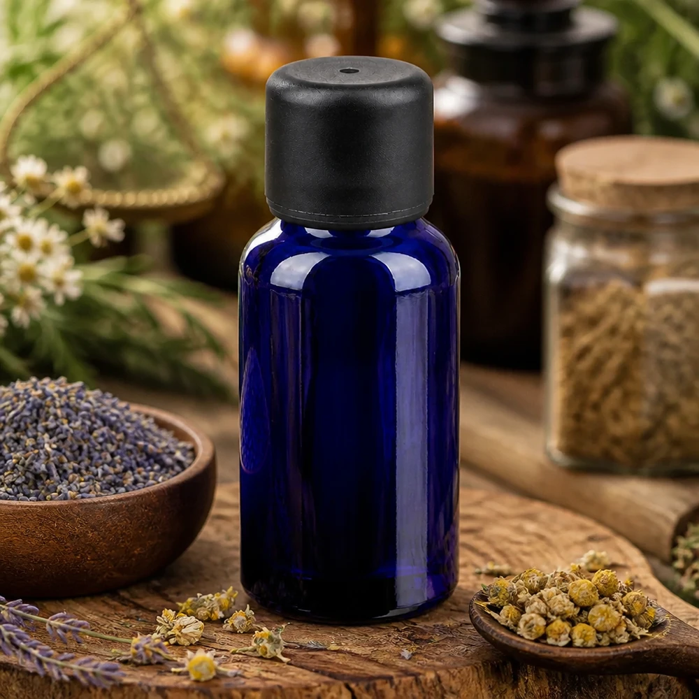 Violet glasflaske 20 ml BlueLine-serien med sort standardhætte til UV-beskyttelse af naturlige ingredienser