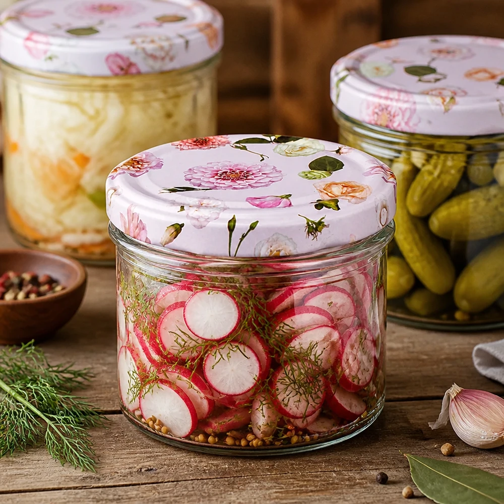225 ml væltet glas + BasicSeal låg Blume rosa UNiTWIST 225 ml glas med blomsterlåg til konservering af grøntsager og pickles - fermentering og konservering