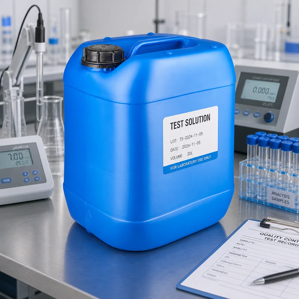 Blå 20-liters laboratoriekanister med sort OV-lukning og hvid etiket på et bord af rustfrit stål