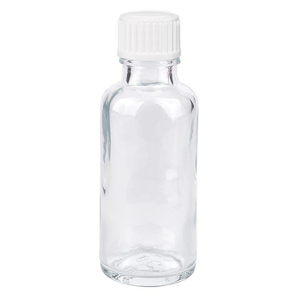 Apoteksflaske klar 30 ml dråbetæller hvid 0,8 mm stk. Apoteksflaske klar 30 ml dråbetæller hvid 0,8 mm stk.