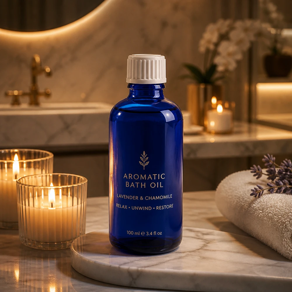 Blå 50 ml glasflaske med hvid skruelåg til badeolie med lavendel og kamille i spa-stemning
