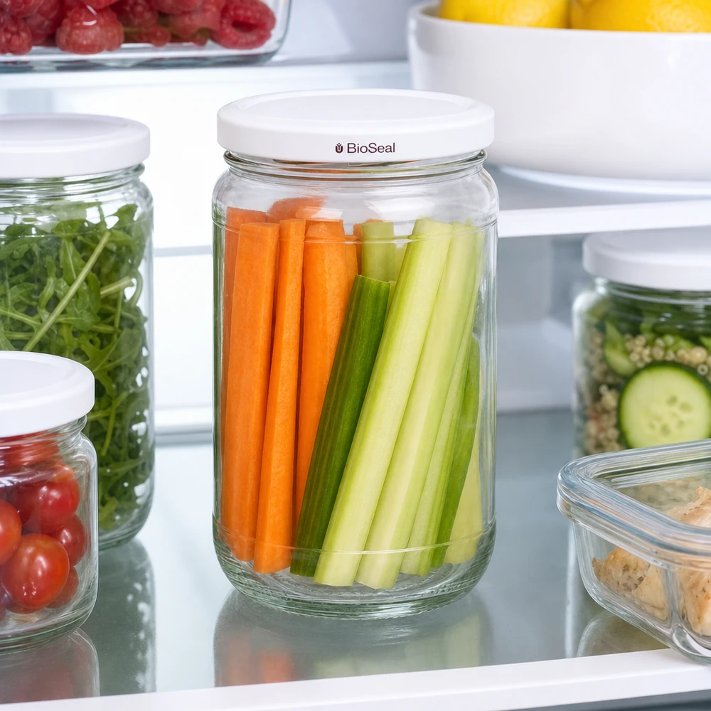 UNiTWIST Runda305 med hvidt låg TO63 BioSeal UNiTWIST Runda305 im Kühlschrank mit frischen Karottensticks und Sellerie - optimale Gemüse-Frischhaltung dank BioSeal