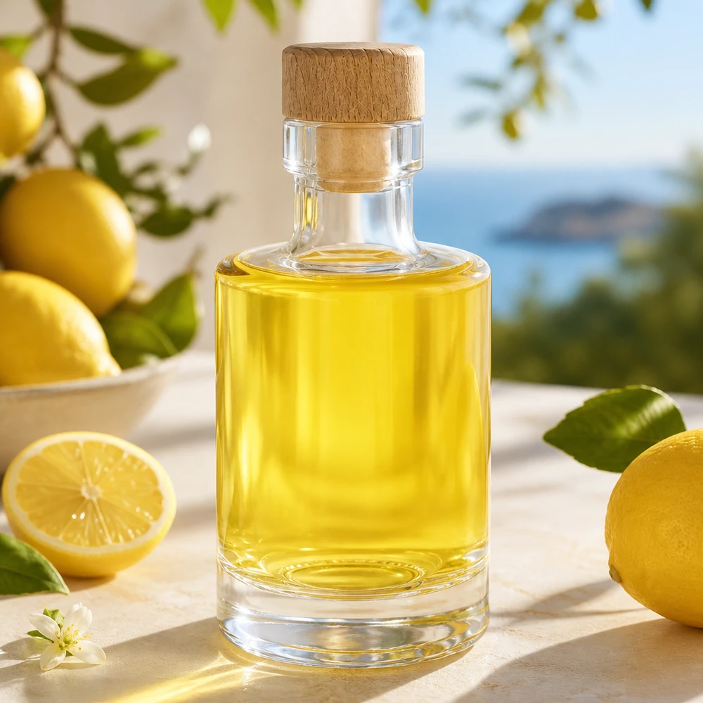 100 ml glasflaske Marie med træprop fyldt med citronolie i et solrigt køkken med friske citroner og citrusblade