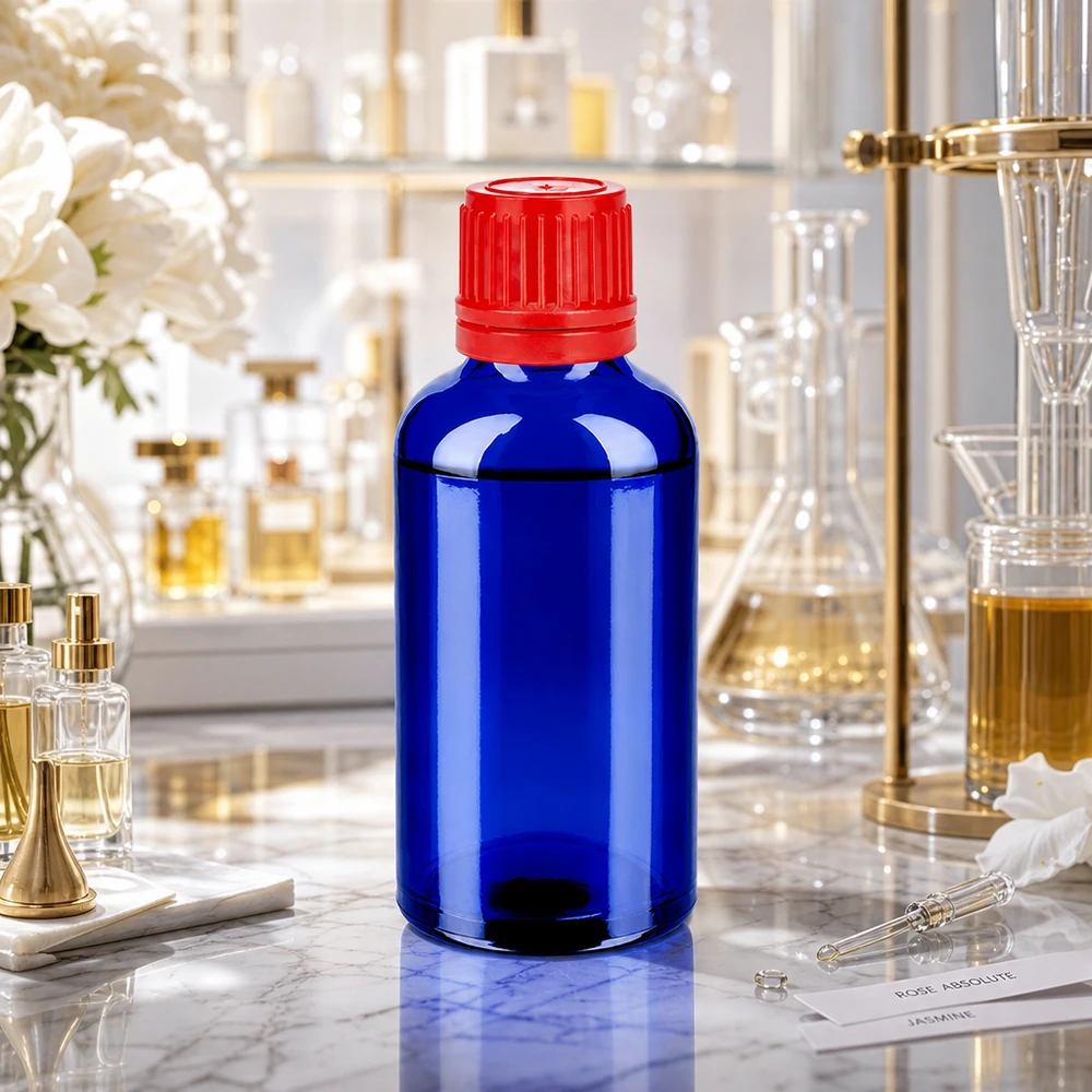 50 ml flaske 11 mm SV rød OV BlueLine UT18/50 Kompakt 50 ml flaske i elegant blå med rød SV-låg 11 mm OV BlueLine UT18/50