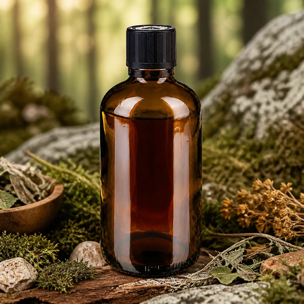 100 ml dråbeflaske af brunt glas med sort originalitetslukning på mos blandt lægeurter i skoven