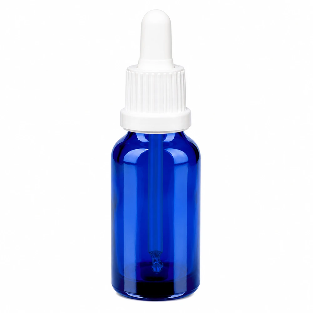 20 ml pipetteflaske af blåt glas med hvid pipette til præcis dosering