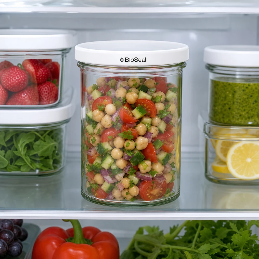 UNiTWIST Lintel435 med hvidt låg TO82 BioSeal UNiTWIST-krukke 435 ml i køleskabet fyldt med kikærtesalat viser praktisk opbevaring af Meal Prep