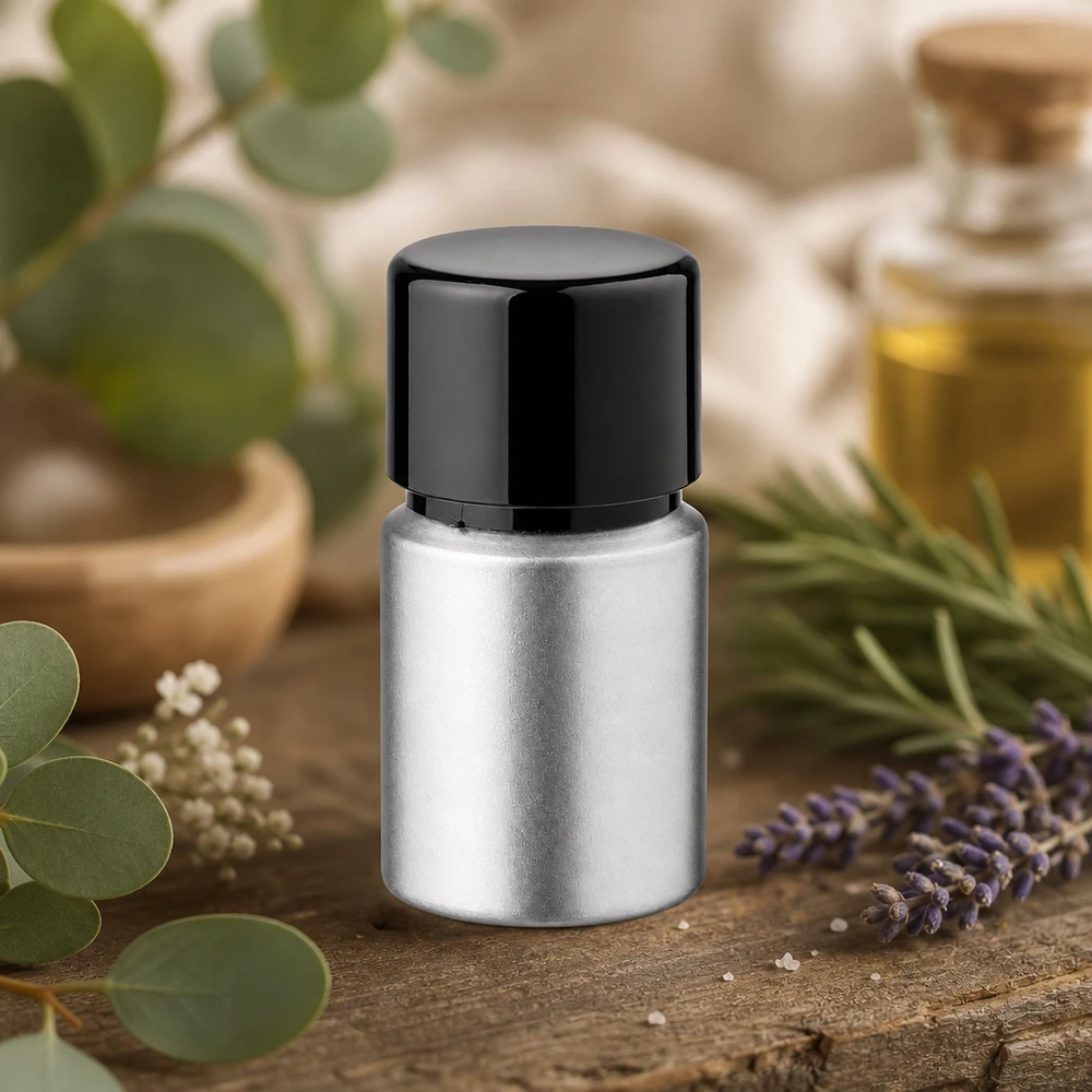 10 ml farvet aluminiumsflaske med skruelåg Bejdset 10 ml aluminiumsflaske i høj kvalitet - elegant sølvdesign med praktisk sort skruelåg