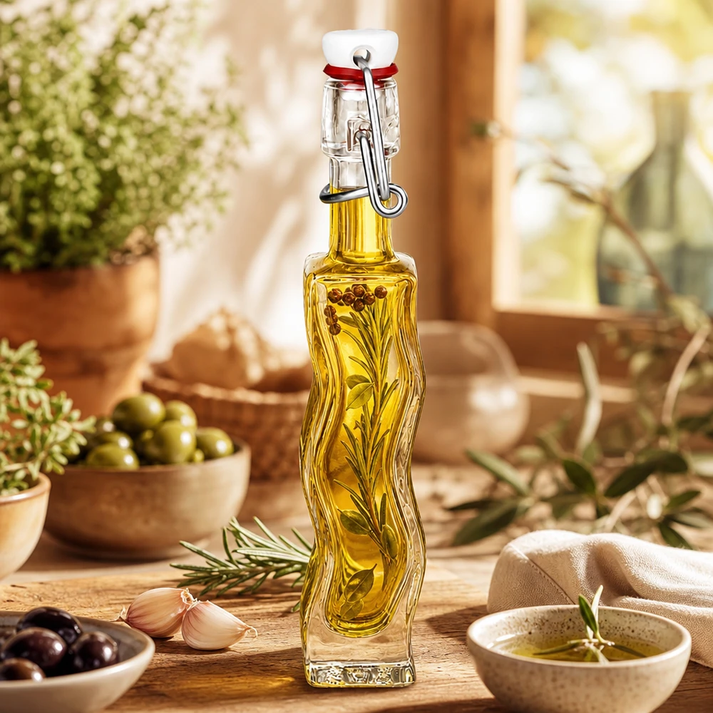 40 ml Glasflaske »Fila« med PVC-skruelåg UNiTWIST® 40 ml glasflaske Anna fyldt med urteolie, middelhavsdekoration med oliven og rosmarin på et træbord