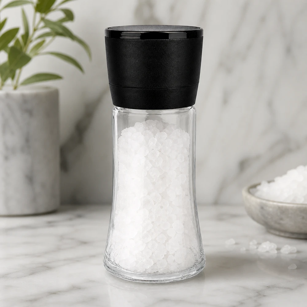 Saltkværn på 95 ml med sort kværnmekanisme, fyldt med groft havsalt, på marmorunderlag