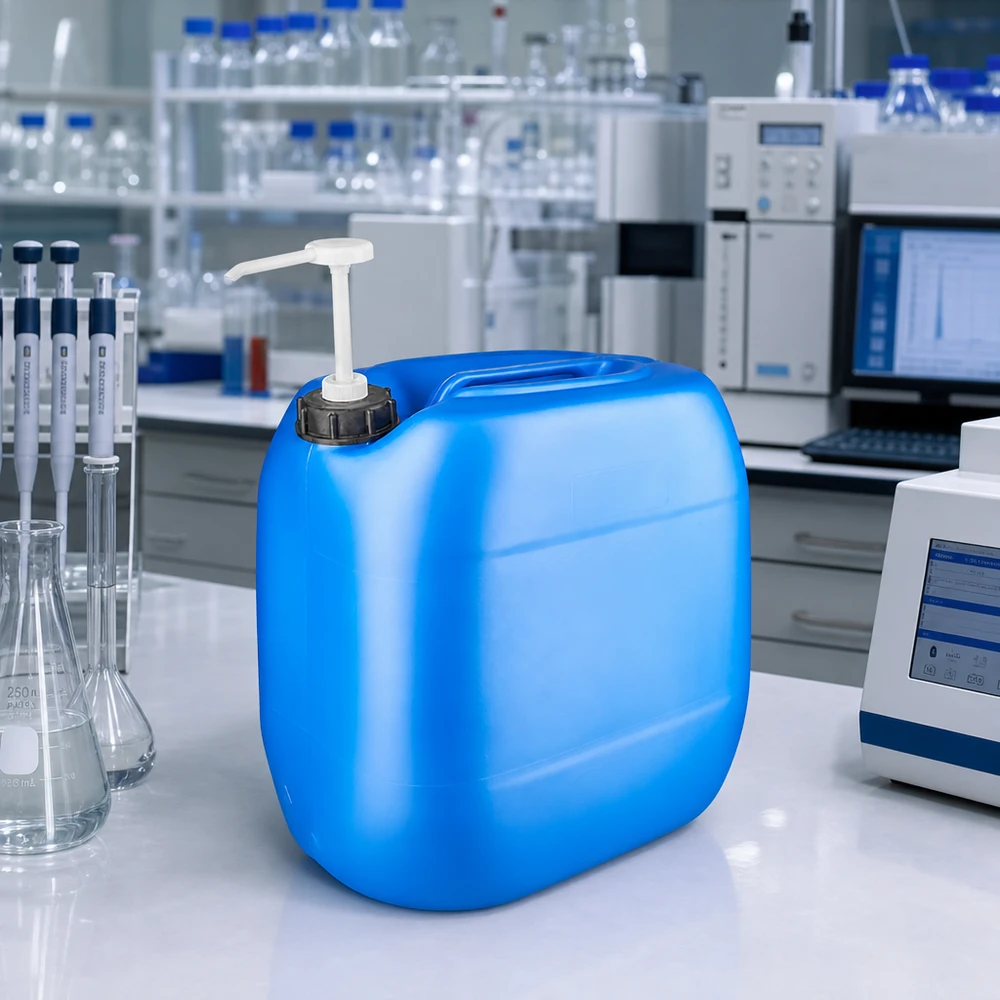Blå HDPE-kanister på 30 liter med pumpedispenser på et hvidt laboratoriebord mellem laboratorieudstyret