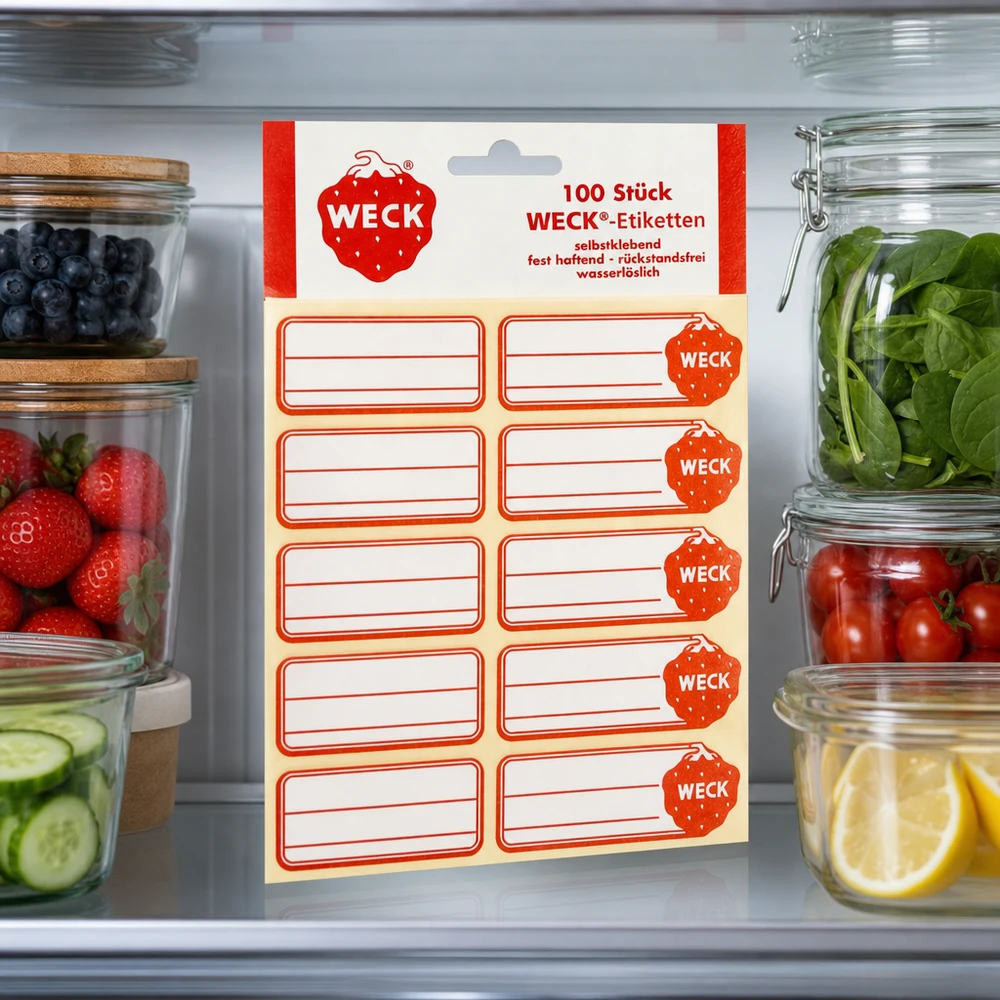 WECK-etiketter 19 x 13 mm (pakke(r) med 100 stk.) WECK Etiketten im Kühlschrank zwischen Vorratsgläsern mit Obst Gemüse zeigen praktische Küchen-Organisation