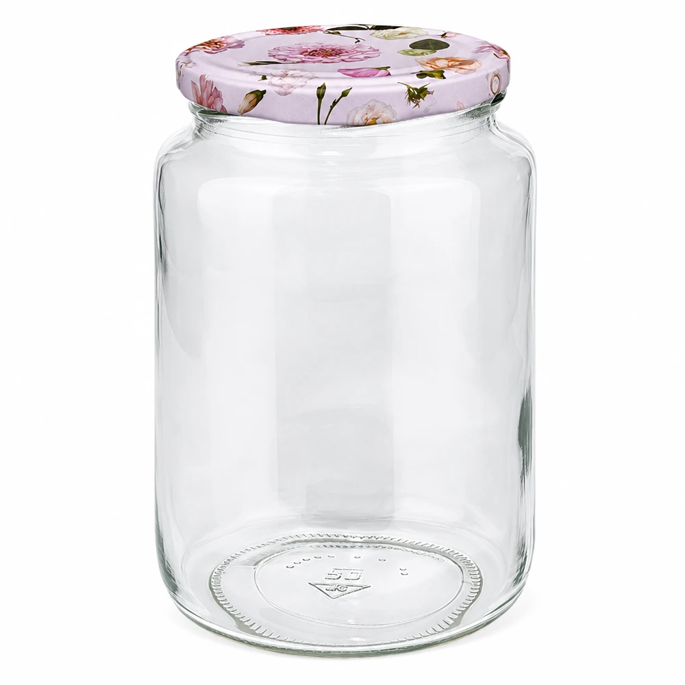 795 ml rund krukke + BasicSeal låg, lyserød UNiTWIST 795 ml rund krukke med lyserødt blomsterlåg BasicSeal opbevaringskrukke syltetøjskrukke