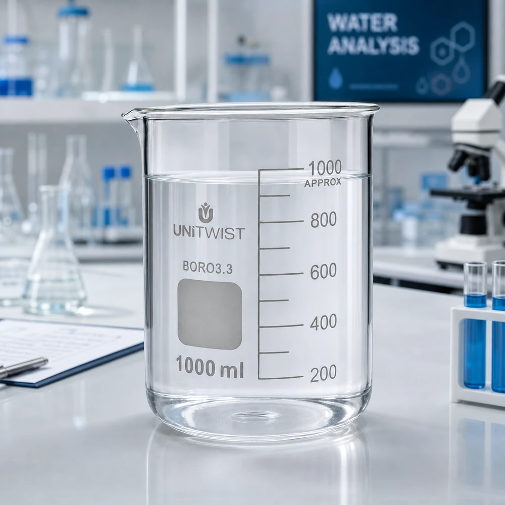 Bæger 1000 ml borosilikat, lav form UNiTWIST UNiTWIST 1000 ml boresilikatglas, lav model, med vand i analyselaboratoriet