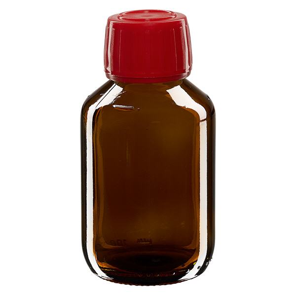100 ml medicinflaske brun, rød hætte med tyverisikring ApoGlas. Farmaceutisk kvalitet fra EU-produktion. 28 mm (PP28) gevind. (sirup, lys glasflaske) 100 ml medicinflaske brun, rød hætte med tyverisikring ApoGlas. Farmaceutisk kvalitet fra EU-produktion. 28 mm (PP28) gevind. (sirup, lys glasflaske)