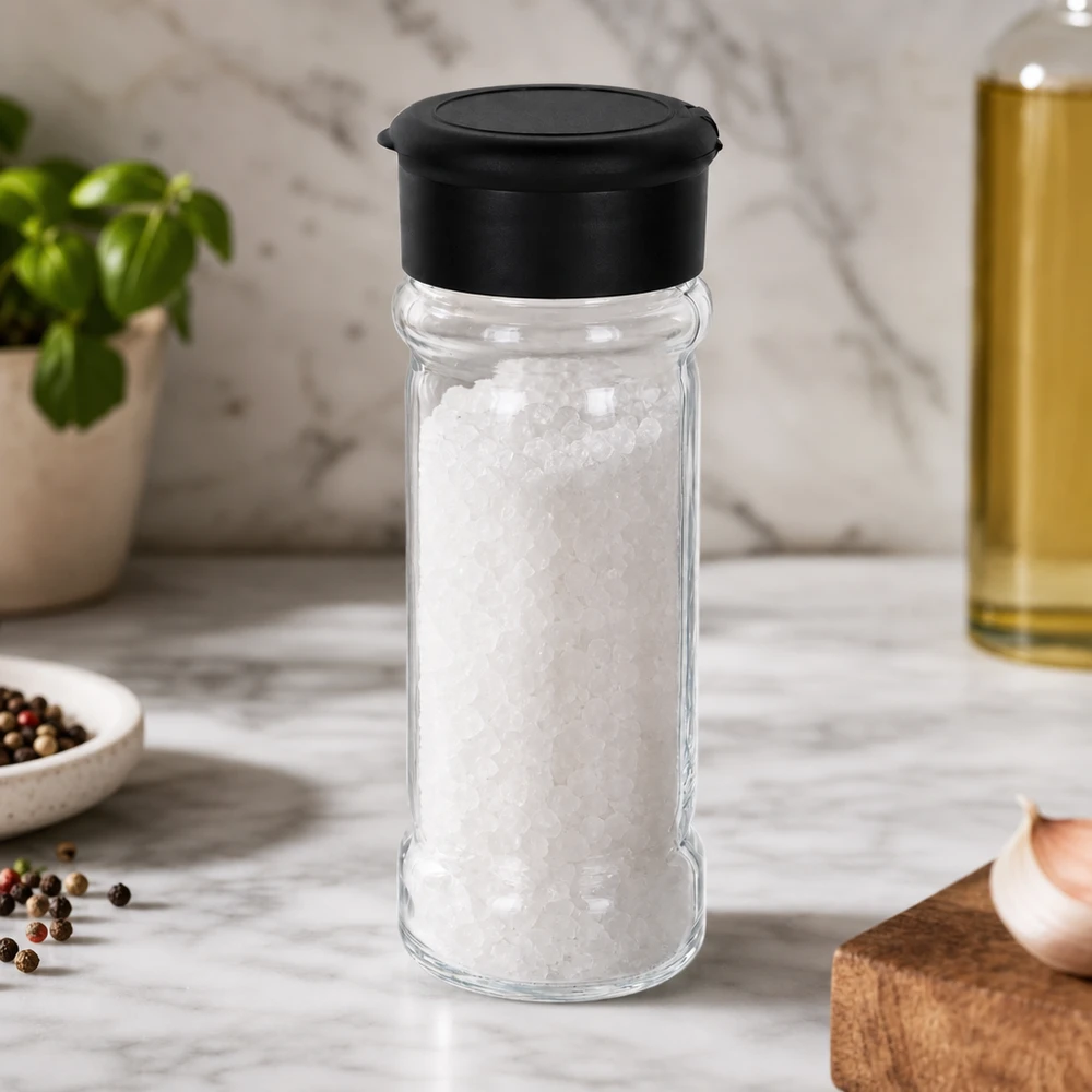 Salt-/krydderikrukke 100 ml med strøer, sort Krydderiglas på 100 ml fyldt med groft havsalt, med sort strøelåg på marmor
