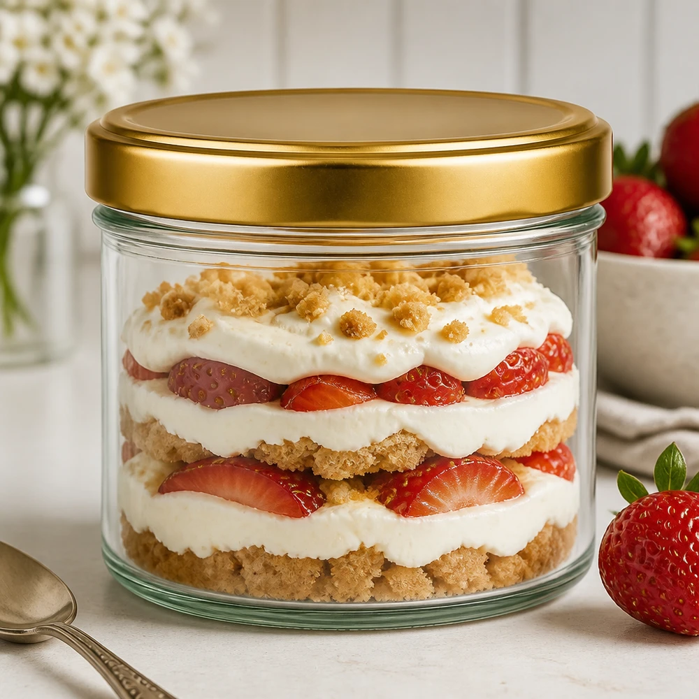 230 ml cylinderglas med BasicSeal-låg i guld UNiTWIST 230ml Zylinderglas mit goldenem BasicSeal Deckel als schickes Dessertglas für geschichtetes Erdbeer-Trifle Nachtisch