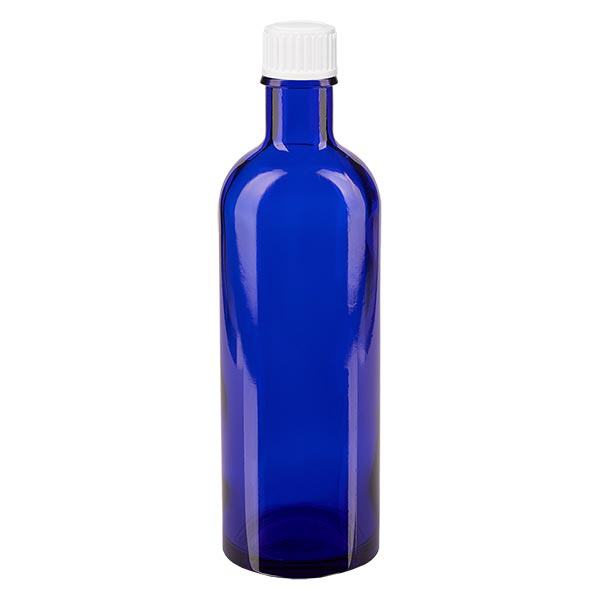 Apoteksflaske blå 200 ml skruelåg hvid pc Apoteksflaske blå 200 ml skruelåg hvid pc