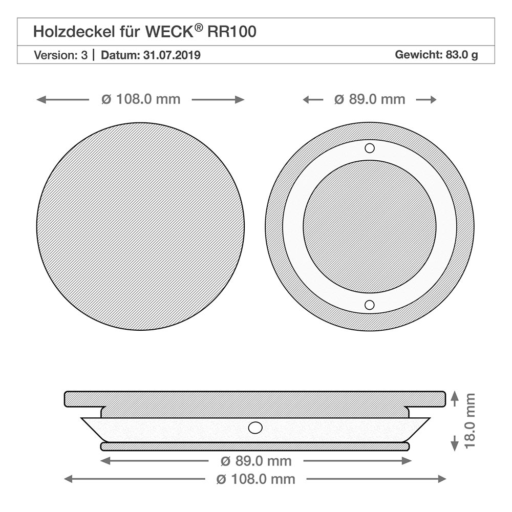 370 ml Briller WECK RR100 med trælåg Teknisk tegning af trælåg til WECK RR100-krukke med målene 108mm 89mm 18mm diameter Højde Specifikation