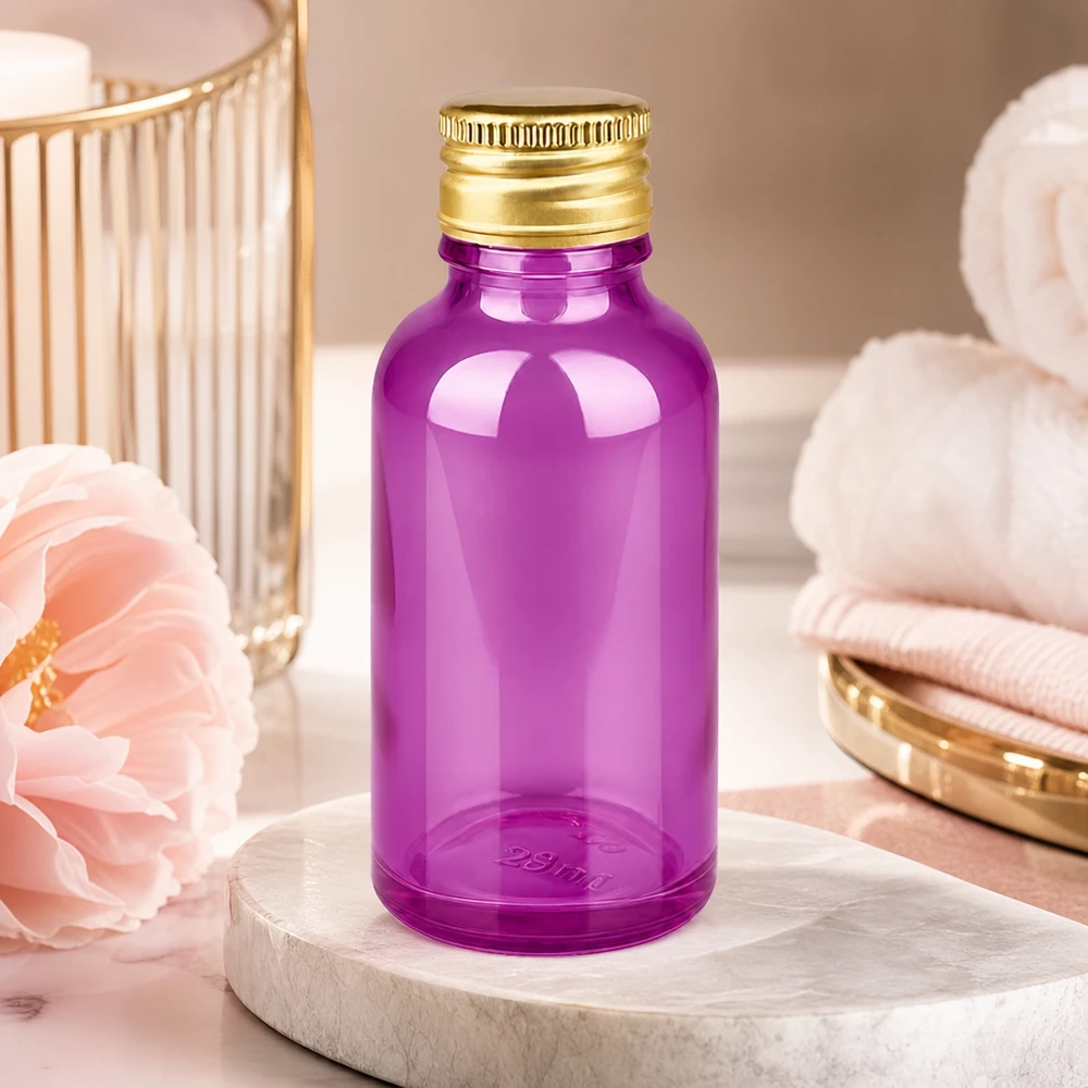 30 ml flaske 11 mm skruelåg aluminium guld standard PurpleLine. UT18/30 30 ml violet glasflaske med guldskruelåg, ideel til lysfølsomme stoffer og serummer