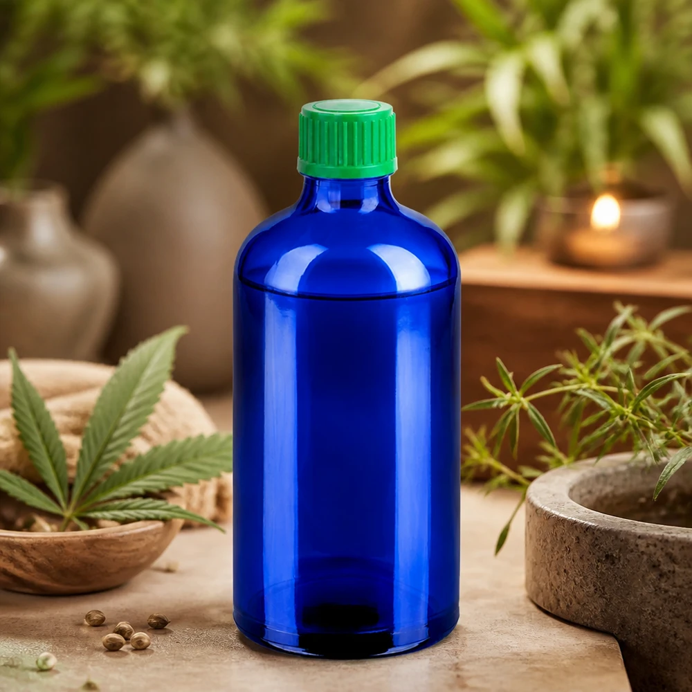 Blå dråbeflaske 100 ml af høj kvalitet lavet af glas med miljøvenlig grøn hætte til naturprodukter
