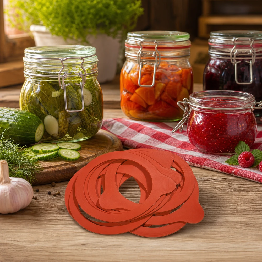 Kogende ring af naturgummi RR100 Konserveringsringe af naturgummi RR100 stablet foran hjemmelavede konserver i syltetøjsglas på et træbord