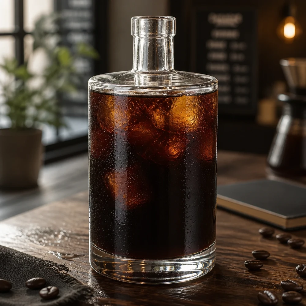 700 ml glasflaske Marie uden låg UNiTWIST® 700 ml glasflaske Marie fyldt med koldbrygget kaffe og isterninger på et træbord med kaffebønner i caféen