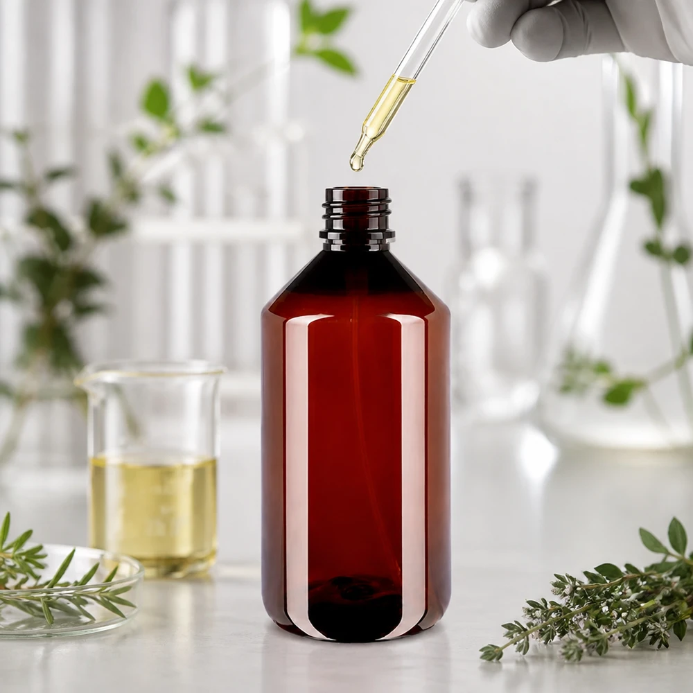 PET-flaske 750 ml med forstøver sort PET-flaske, 750 ml, brun plast med sort forstøver til æteriske olier