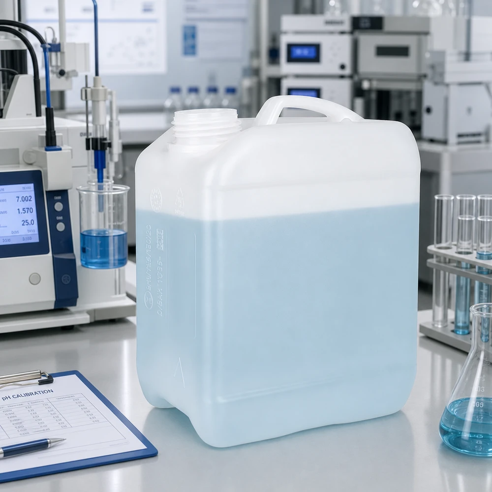 Gennemsigtig 2,5-liters plastdunk med lyseblå væske i et laboratoriemiljø