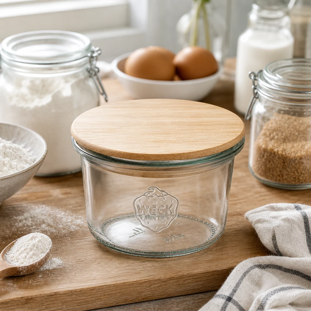 80 ml Briller WECK RR60 med trælåg WECK-glas 80 ml RR60 med bambuslåg på træplade omgivet af bageingredienser, mel, æg og mælk i et moderne køkken
