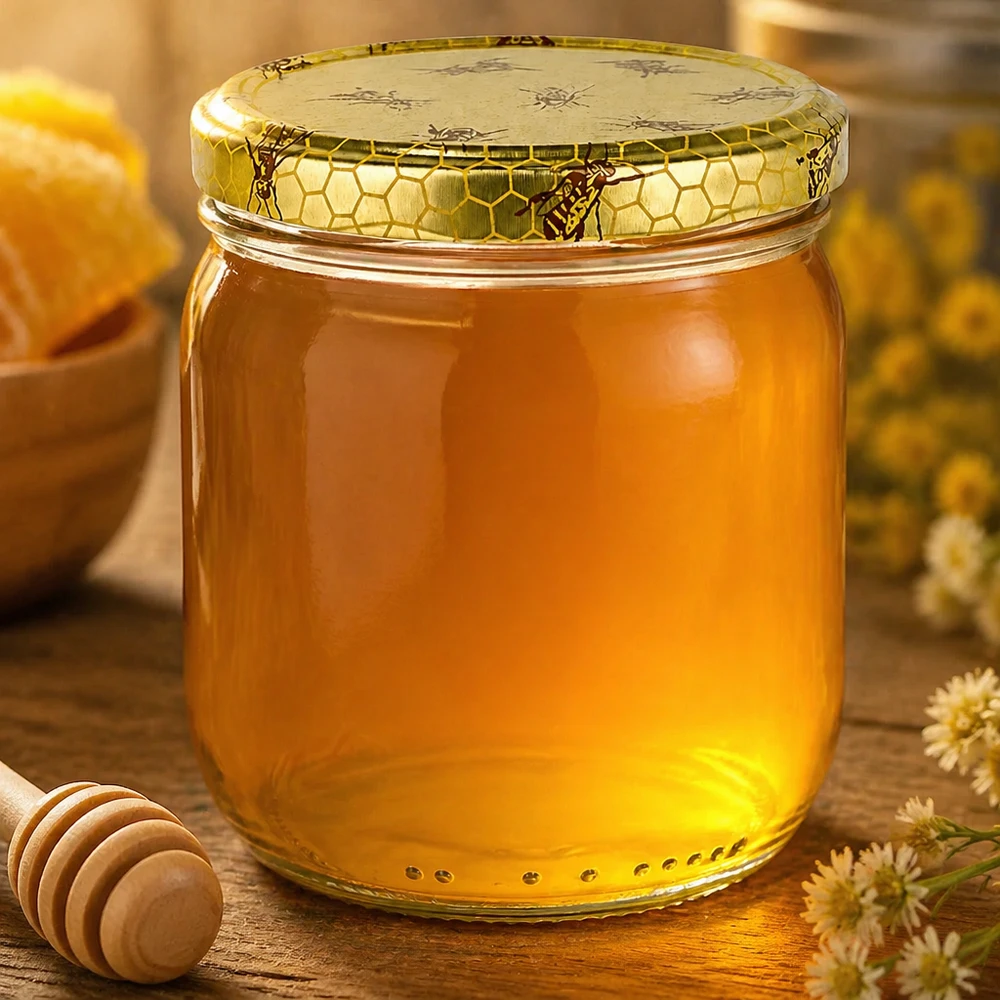 500 g honningglas med låg med honningkagemønster BasicSeal UNiTWIST 500g Honigglas mit goldenem Honig gefüllt neben Honiglöffel und Blüten auf rustikalem Holztisch arrangiert