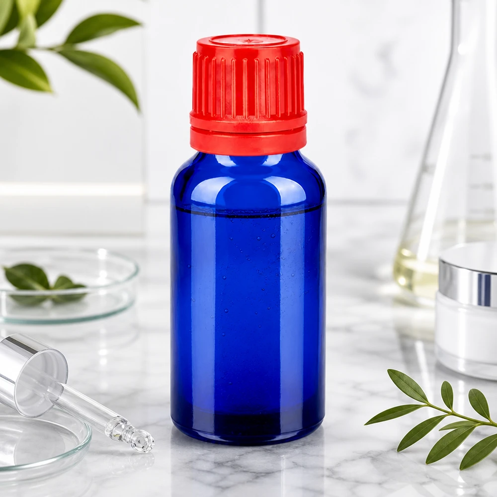 20 ml flaske 11 mm SV rød OV BlueLine UT18/20 Kompakt 20 ml laboratorieflaske i koboltblå med børnesikret rødt skruelåg