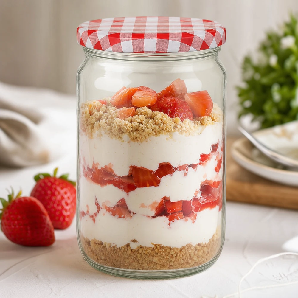 795 ml rund krukke med BasicSeal-låg rød/hvid UNiTWIST 795 ml rund krukke med BasicSeal-låg som dessertkrukke med jordbær, fløde og krymmel, perfekt til søde desserter