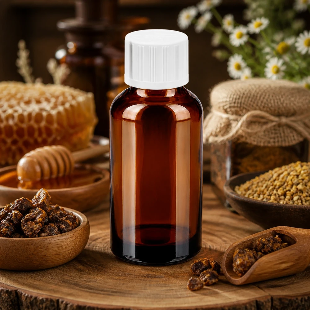 30 ml flaske 11 mm SV m. STD KiSi BrownLine UT18/30 Kompakt 30 ml ravfarvet glasflaske med børnesikret hætte til naturmedicin og tinkturer