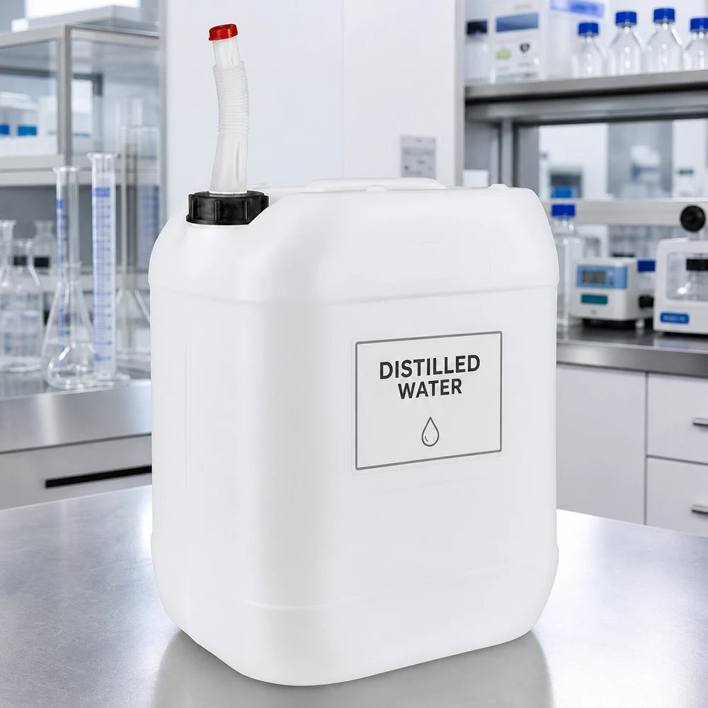 20 liters beholder med Flex-udløbsrør 20 liters laboratoriekanister med fleksibelt udløbsrør til destilleret vand, fremstillet af hvid HDPE-plast