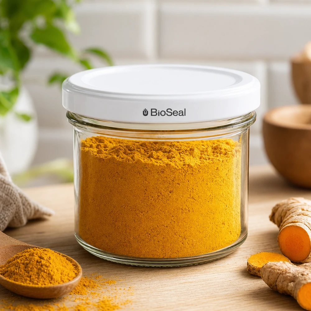 UNiTWIST Lintel125 med hvidt låg TO66 BioSeal UNiTWIST-bægre 125 ml til opbevaring af gurkemejepulver i køkkenet TO66 BioSeal-låg, hvidt glas
