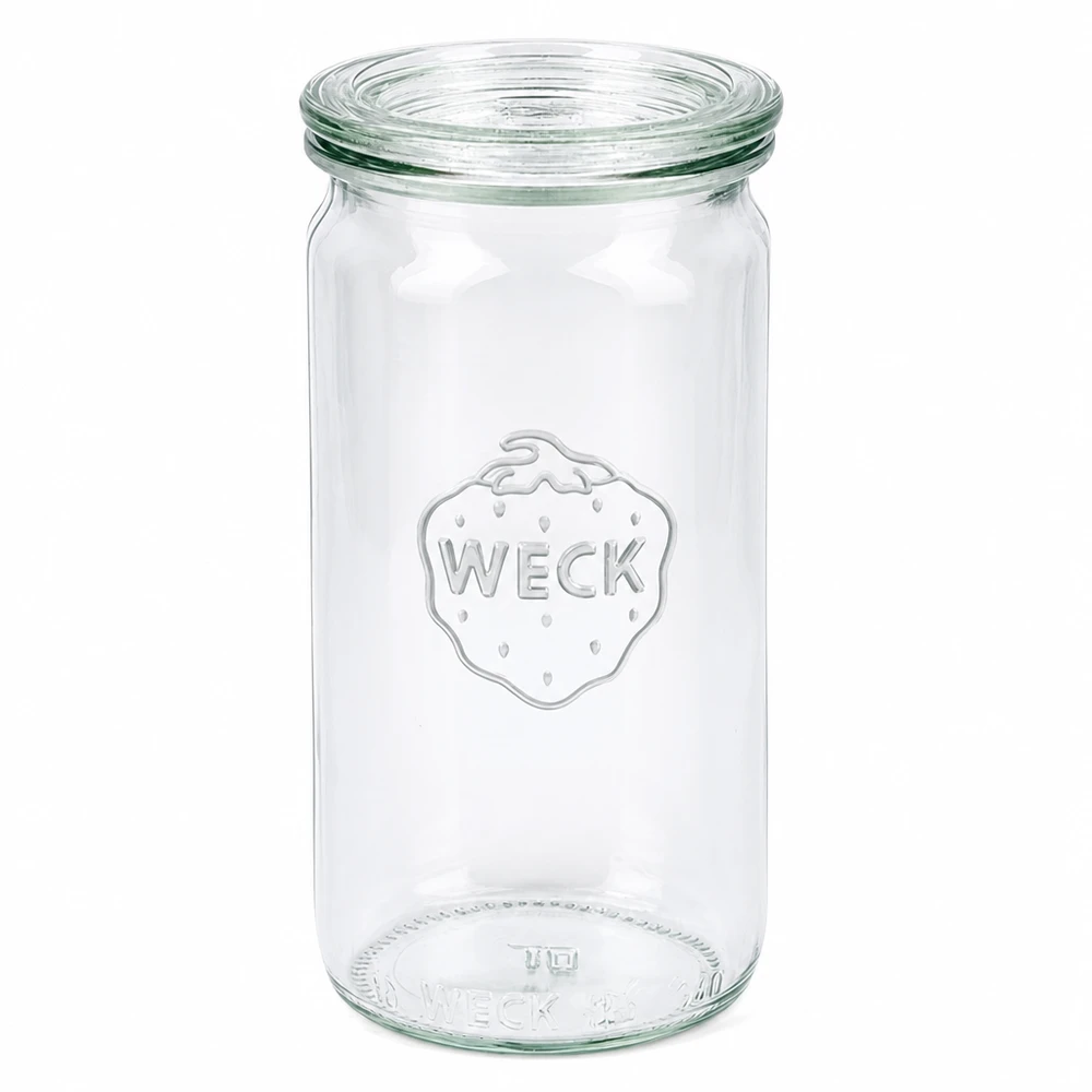340 ml cylinderglas med glaslåg WECK RR60 WECK cylinderglas 340 ml med glaslåg RR60 konservesglas gennemsigtig tom på hvid baggrund