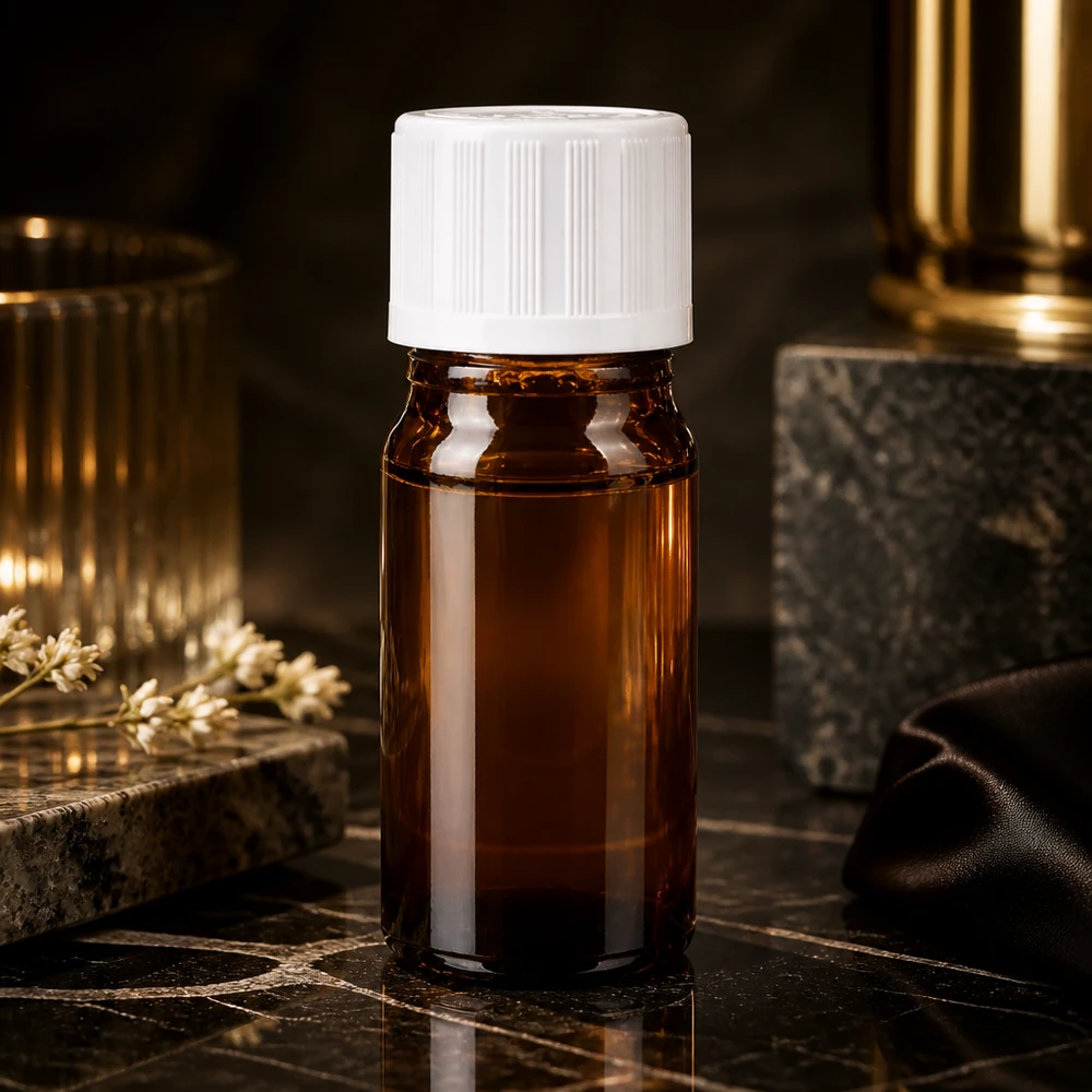 Apoteksflaske brun 5ml dråbetæller hvid KiSi St Elegant 5 ml brun glasflaske med hvid KiSi-prop på sort marmor