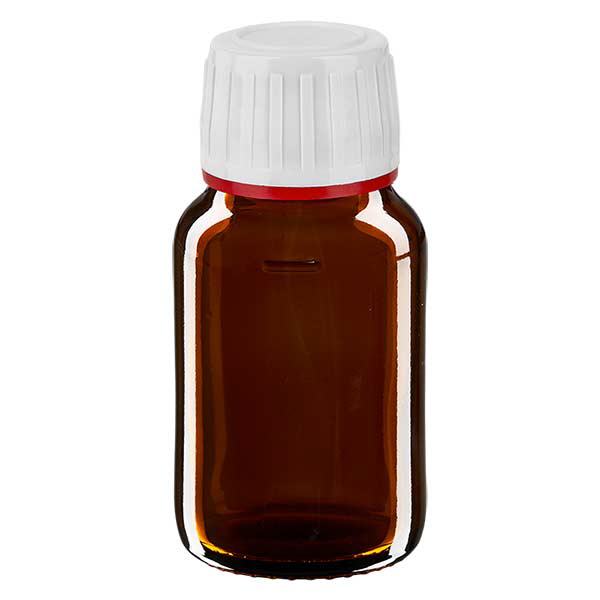30 ml medicinflaske brun, hætte hvid med manipulationssikker ring rød ApoGlas. Farmaceutisk kvalitet fra EU-produktion. 28 mm (PP28) gevind. (sirup, lys glasflaske) 30 ml medicinflaske brun, hætte hvid med manipulationssikker ring rød ApoGlas. Farmaceutisk kvalitet fra EU-produktion. 28 mm (PP28) gevind. (sirup, lys glasflaske)