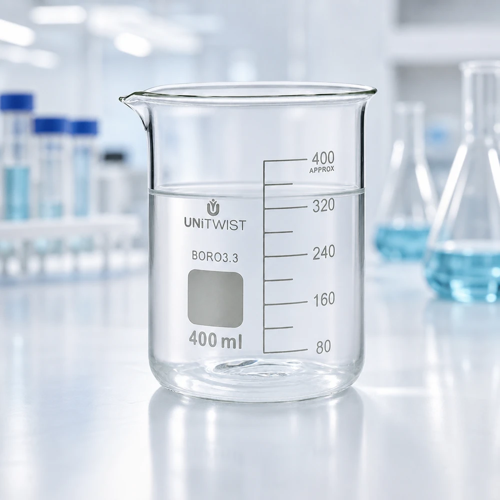 Bæger 400 ml borosilikat, lav form UNiTWIST UNiTWIST bægerglas 400 ml, borosilikat 3.3, med tud og hvidt laboratorieudstyr i baggrunden