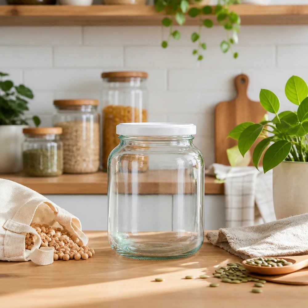 370 ml oval krukke med BasicSeal-låg hvid UNiTWIST 370 ml oval krukke UNiTWIST med BasicSeal-låg hvid i bæredygtigt nulspildskøkken med bælgfrugter og planter