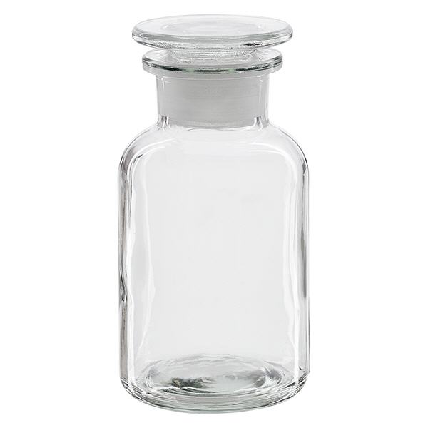 Rund skulderflaske 250 ml klar glasprop med bred hals