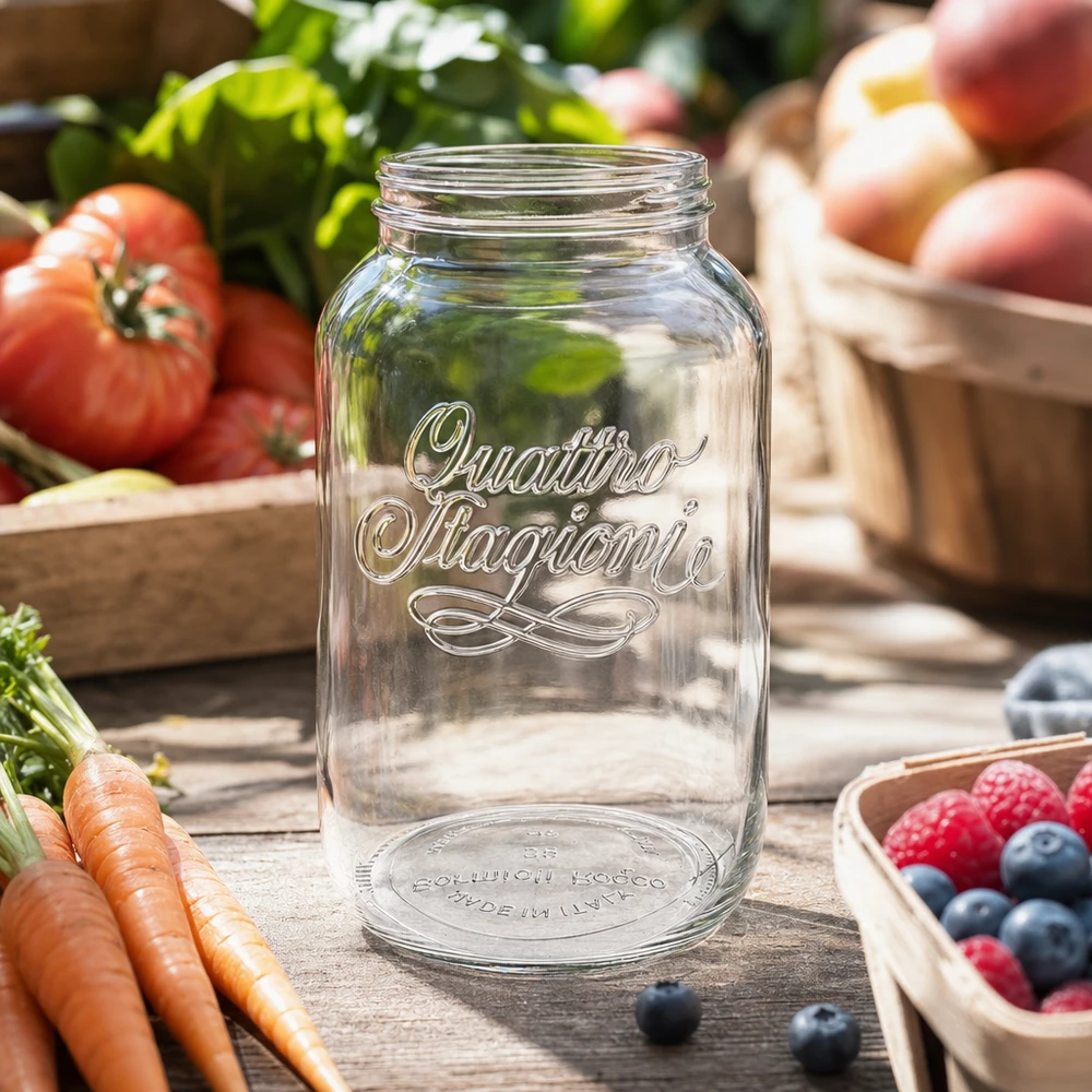 3800 ml husholdningsglas "Quattro Stagioni" 3800 ml Quattro Stagioni husholdningskrukke konserveringskrukke gennemsigtig med bogstaver omgivet af frisk frugt og grøntsager