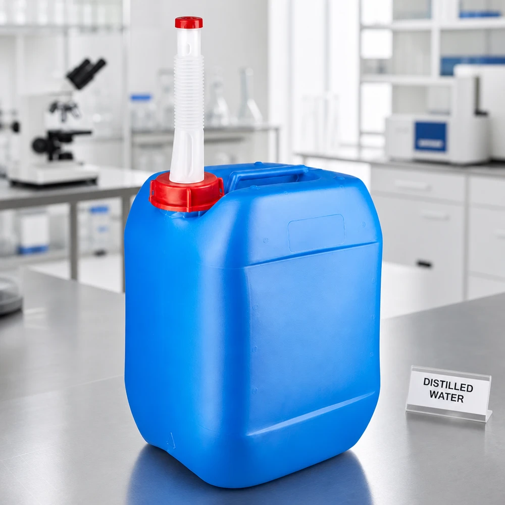10 liters blå dunk med fleksibelt udløbsrør 10-liters blå dunk med fleksibelt udløbsrør på laboratoriebordet ved siden af skiltet med »Destilleret vand«