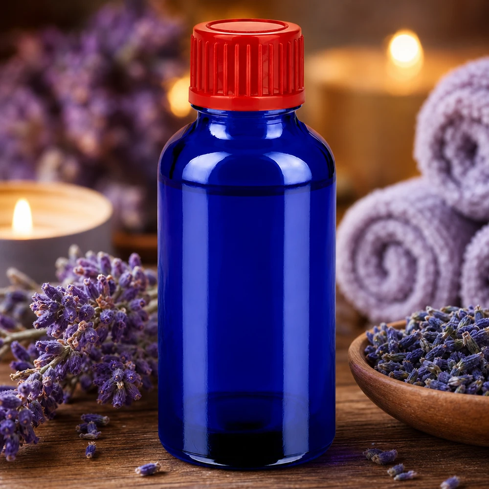 30 ml BlueLine-glasflaske af høj kvalitet med rød hætte til aromaterapi og wellness