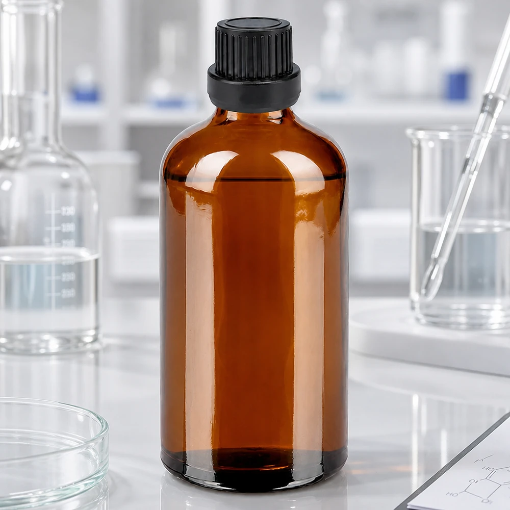 100 ml dråbeflaske 2 mm sort OV BrownLine UT18/100 Glasflaske i laboratoriekvalitet, 100 ml, brun med 2 mm dråbeåbning til præcis dosering af aktive farmaceutiske ingredienser