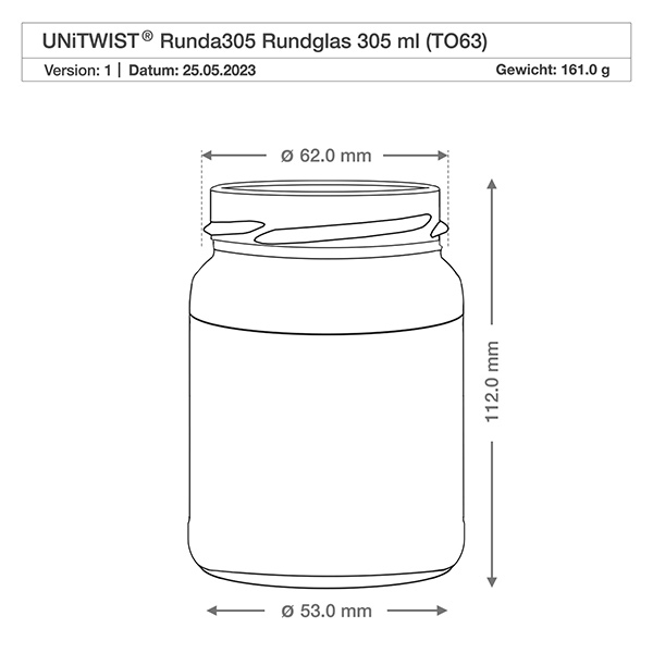 UNiTWIST Runda305 - Rundt glas med en kapacitet på 305 ml TO63 UNiTWIST Runda305 Rundt glas 305ml TO63 med teknisk tegning Dimensioner Diameter 62mm Højde 112mm Vægt 161g