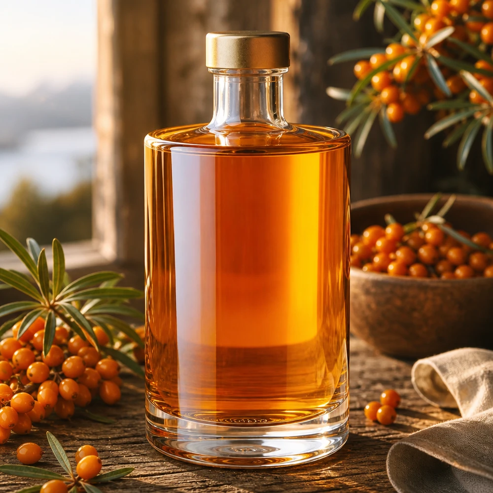 375 ml glasflaske Sam + skruelåg guld UNiTWIST® 375ml Glasflasche Sam mit goldenem Verschluss neben Sanddornbeeren dekorative Lifestyle Aufnahme Spirituosen Öle