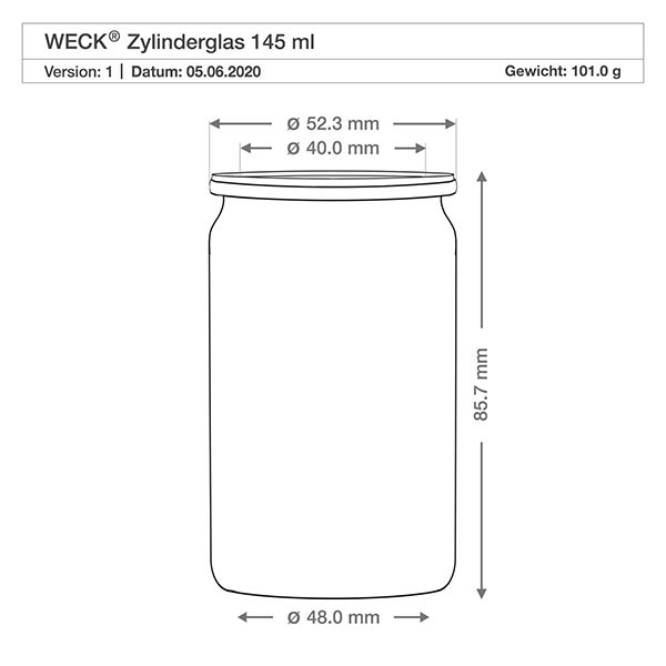 145 ml cylinderglas WECK RR40 med kork natur WECK cylindrisk krukke 145ml teknisk tegning med dimensioner diameter 48mm højde 85,7mm vægt 101g RR40 specifikation